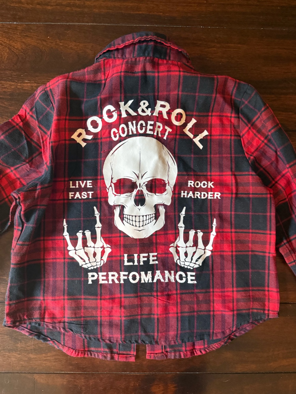 Kids Red Plaid Rock & Roll Skull Flannel Shirt